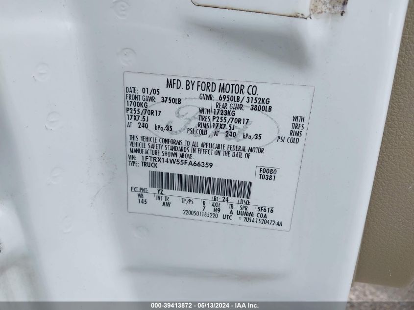 2005 Ford F-150 Stx/Xl/Xlt VIN: 1FTRX14W55FA66359 Lot: 39413872