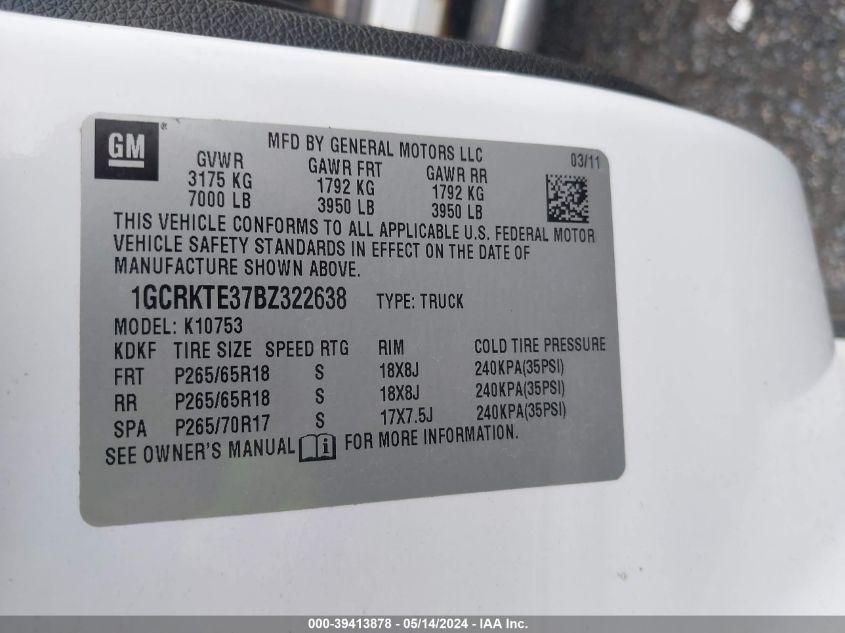 2011 Chevrolet Silverado 1500 Ltz VIN: 1GCRKTE37BZ322638 Lot: 39413878