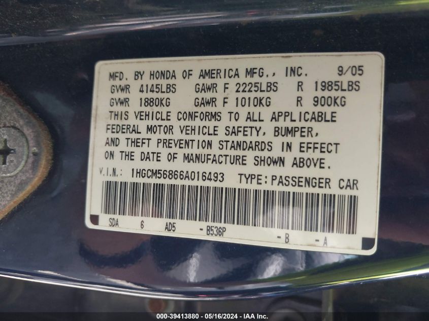 2006 Honda Accord 2.4 Ex VIN: 1HGCM56866A016493 Lot: 39413880