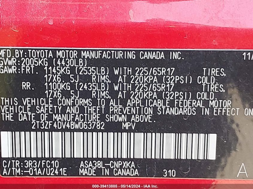 2011 Toyota Rav4 VIN: 2T3ZF4DV4BW063782 Lot: 39413885