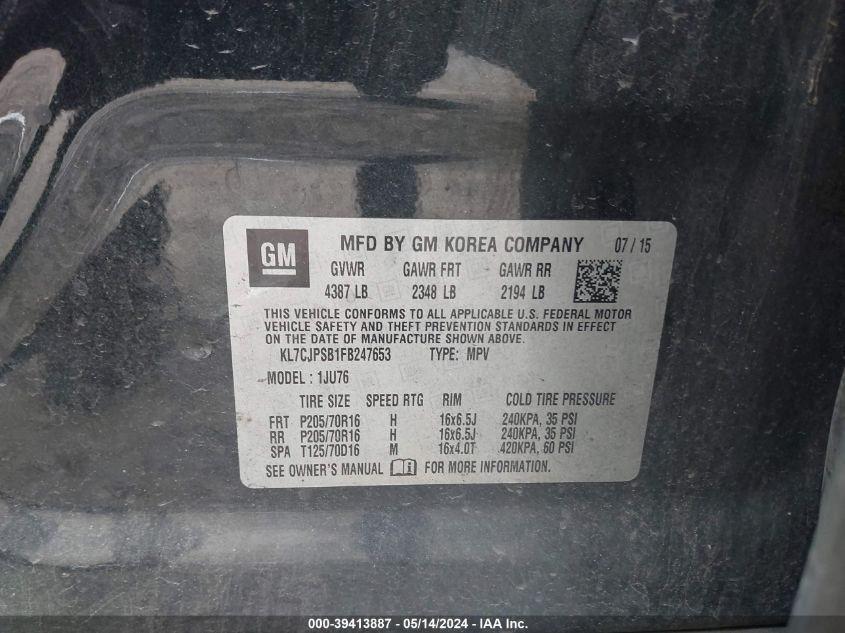 2015 CHEVROLET TRAX 1LS - KL7CJPSB1FB247653