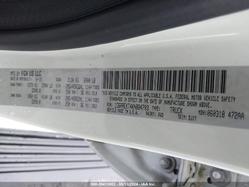 2019 Ram 1500 Longhorn 4X2 5'7 Box VIN: 1C6RREKT4KN884703 Lot: 39413902