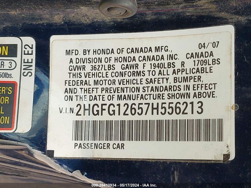 2007 Honda Civic Lx VIN: 1HGFA15547L087106 Lot: 39413934