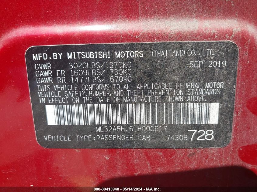 2020 Mitsubishi Mirage Le VIN: ML32A5HJ6LH000917 Lot: 39413948