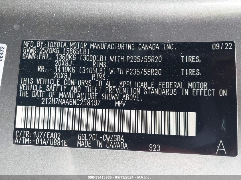 2022 Lexus Rx 350 VIN: 2T2HZMAA6NC258197 Lot: 39413965