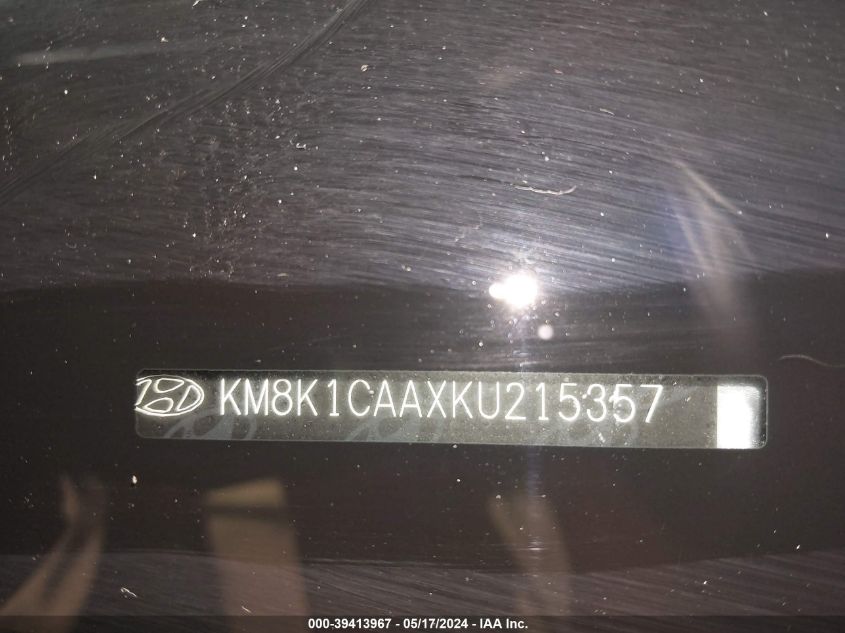 2019 Hyundai Kona Se VIN: KM8K1CAAXKU215357 Lot: 39413967