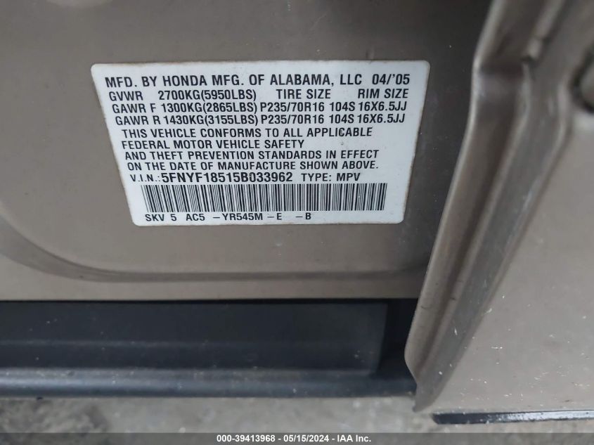 2005 Honda Pilot Ex-L VIN: 5FNYF18515B033962 Lot: 39413968