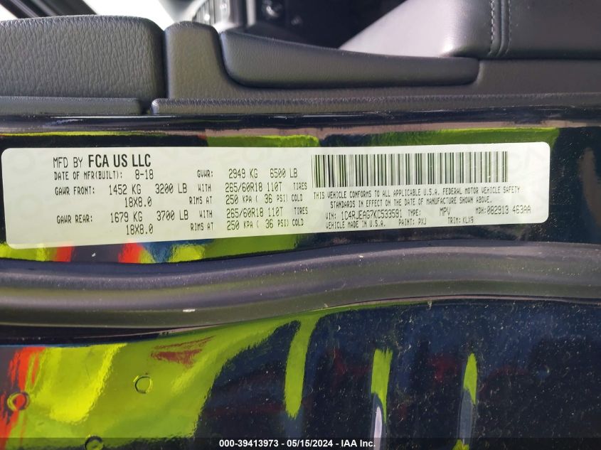 2019 Jeep Grand Cherokee Laredo E 4X2 VIN: 1C4RJEAG7KC533591 Lot: 39413973