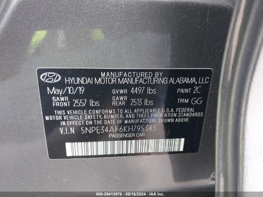 2019 Hyundai Sonata Limited VIN: 5NPE34AF6KH795343 Lot: 39413976