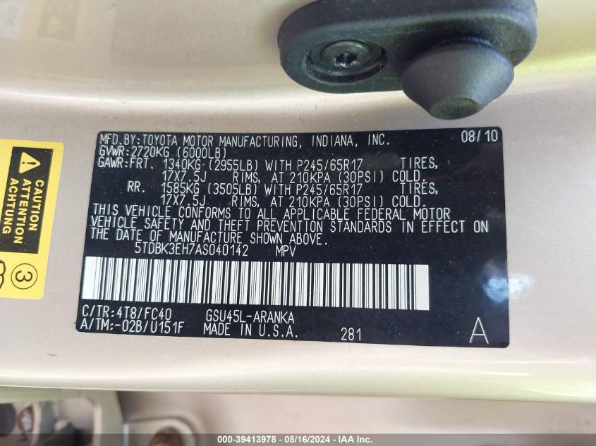 2010 Toyota Highlander Base V6 VIN: 5TDBK3EH7AS040142 Lot: 39413978