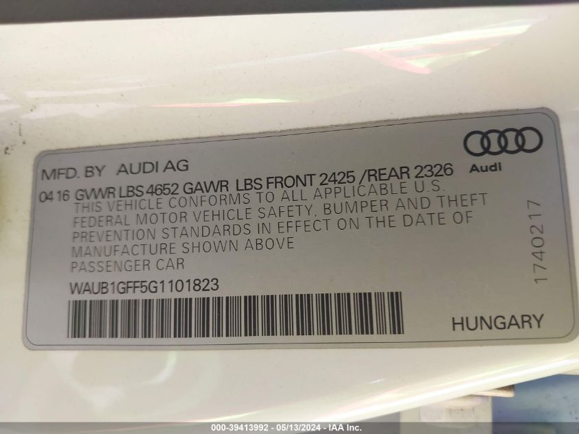 2016 Audi S3 2.0T Premium Plus VIN: WAUB1GFF5G1101823 Lot: 39413992