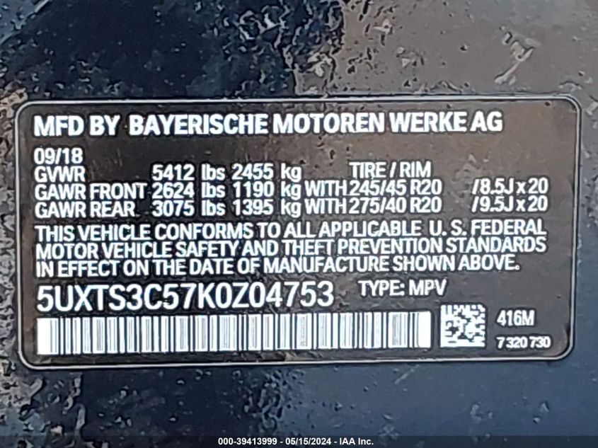 2019 BMW X3 M40I - 5UXTS3C57K0Z04753