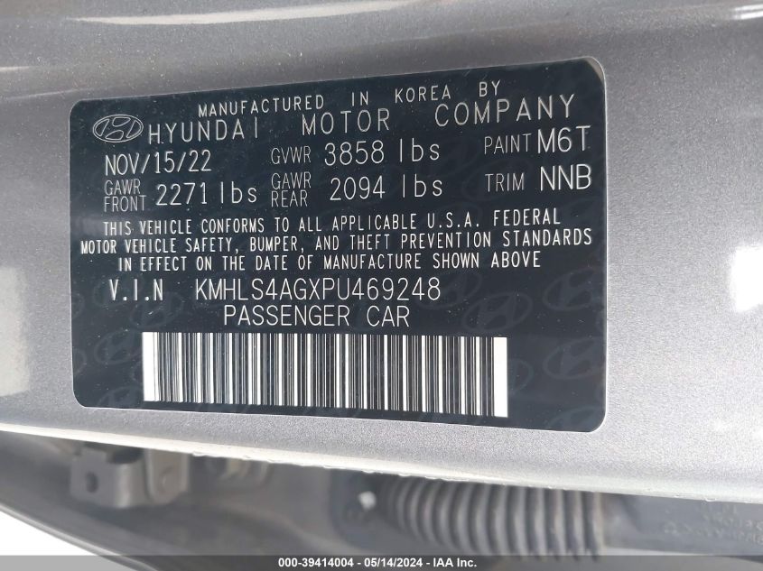 2023 Hyundai Elantra Sel VIN: KMHLS4AGXPU469248 Lot: 39414004