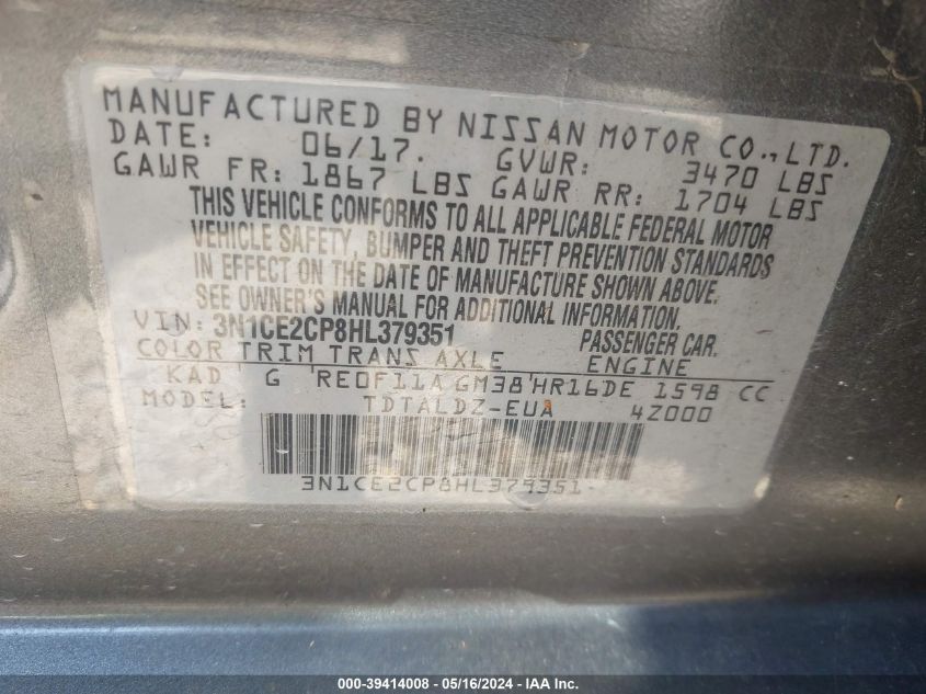 3N1CE2CP8HL379351 2017 Nissan Versa Note Sv