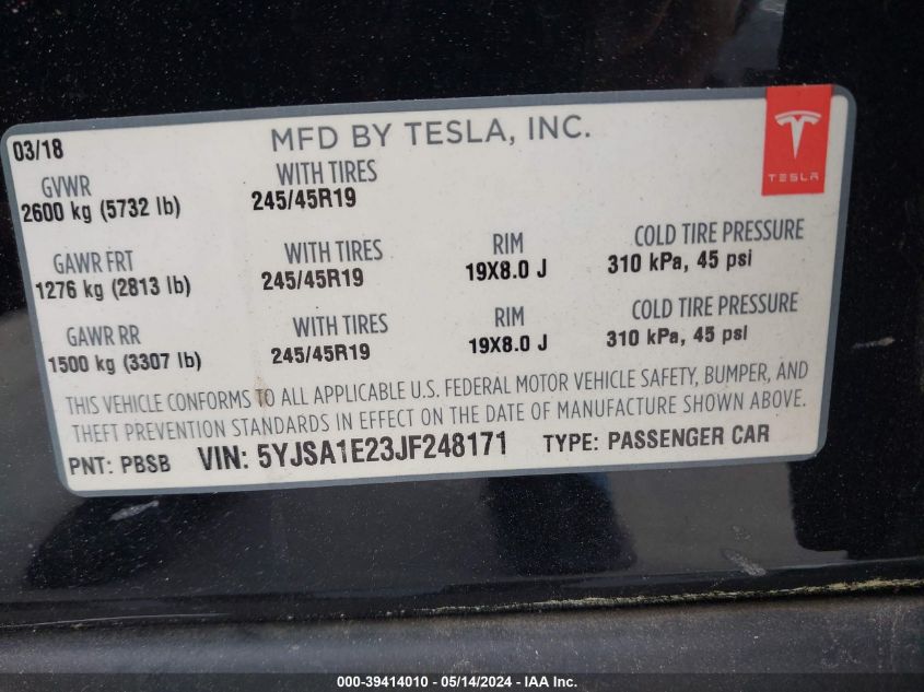 2018 Tesla Model S VIN: 5YJSA1E23JF248171 Lot: 39414010