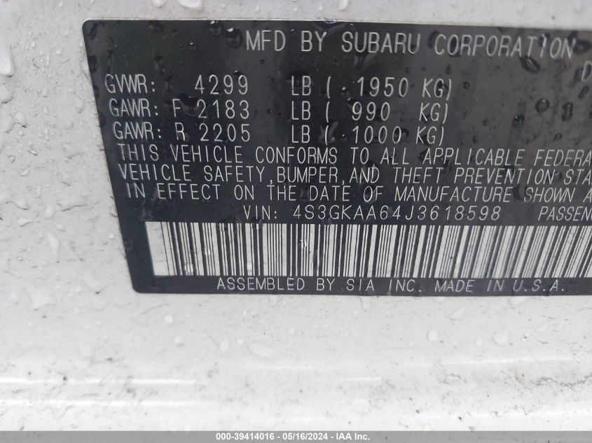 2018 Subaru Impreza 2.0I VIN: 4S3GKAA64J3618598 Lot: 39414016