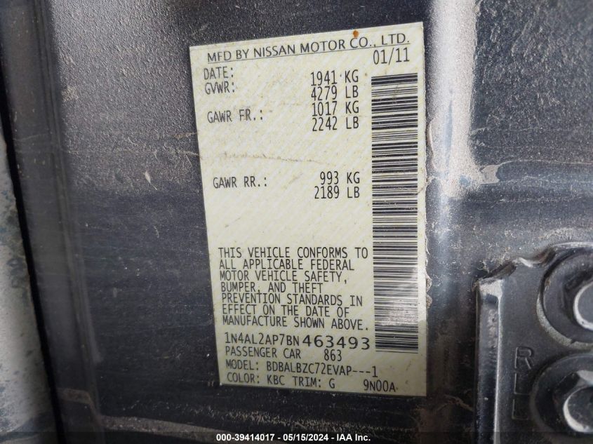 2011 Nissan Altima 2.5 S VIN: 1N4AL2AP7BN463493 Lot: 39414017