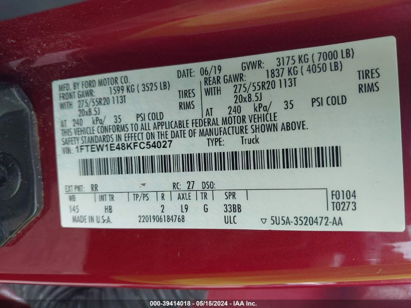 2019 Ford F-150 Lariat VIN: 1FTEW1E48KFC54027 Lot: 39414018