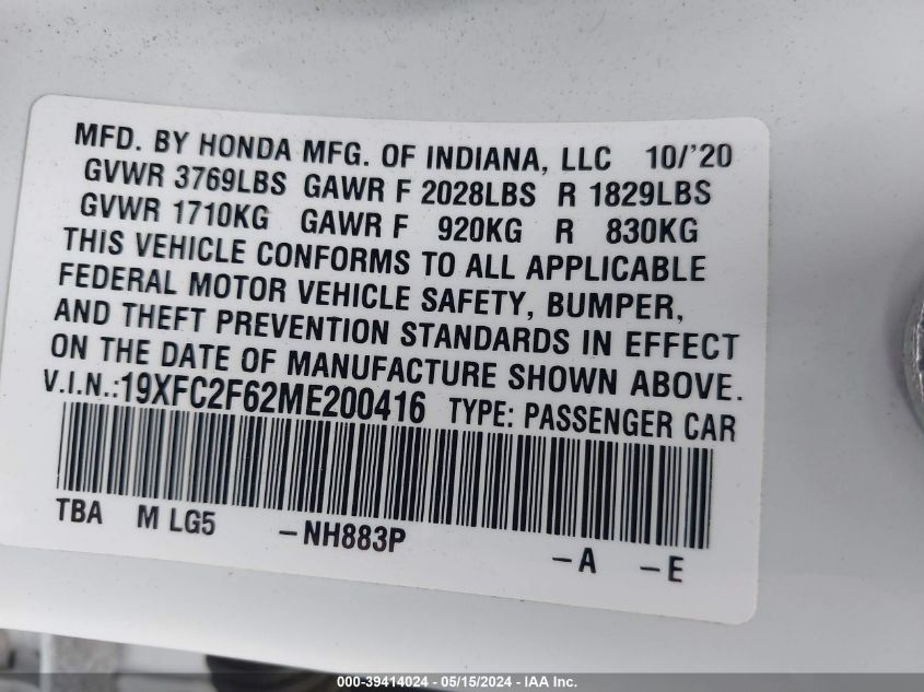 2021 Honda Civic Lx VIN: 19XFC2F62ME200416 Lot: 39414024