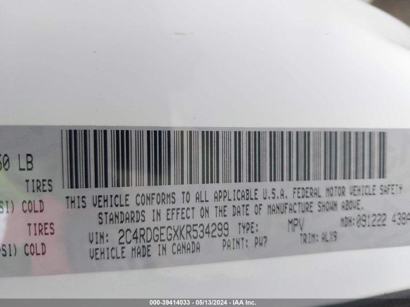 2019 Dodge Grand Caravan Gt VIN: 2C4RDGEGXKR534299 Lot: 39414033
