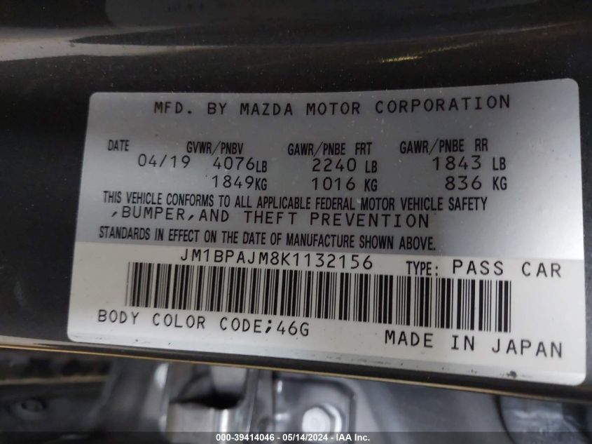 2019 Mazda Mazda3 VIN: JM1BPAJM8K1132156 Lot: 39414046
