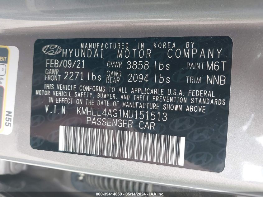 2021 Hyundai Elantra Se VIN: KMHLL4AG1MU151513 Lot: 39414059