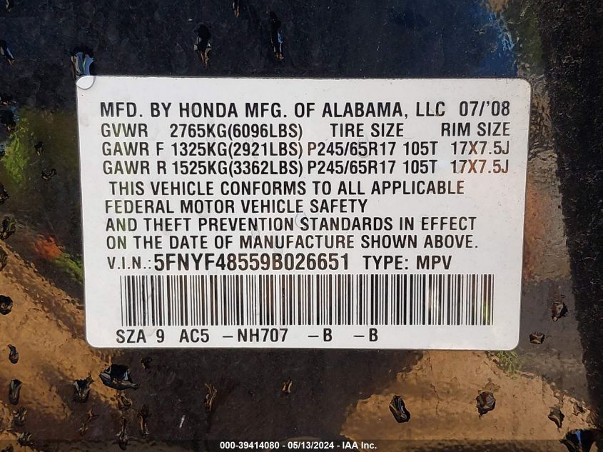 2009 Honda Pilot Ex-L VIN: 5FNYF48559B026651 Lot: 39414080