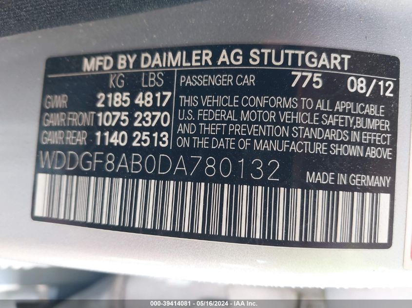 2013 Mercedes-Benz C 300 Luxury 4Matic/Sport 4Matic VIN: WDDGF8AB0DA780132 Lot: 39414081