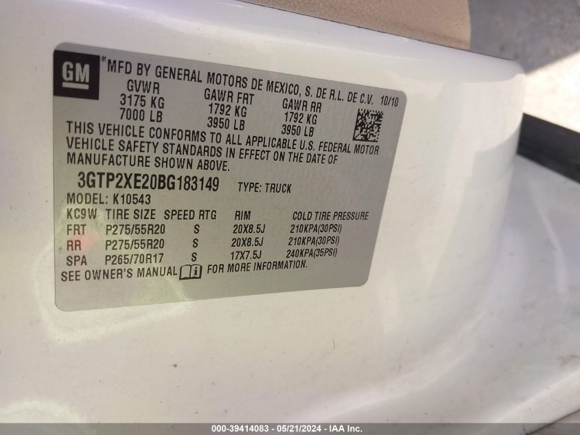 2011 GMC Sierra 1500 Denali VIN: 3GTP2XE20BG183149 Lot: 39414083