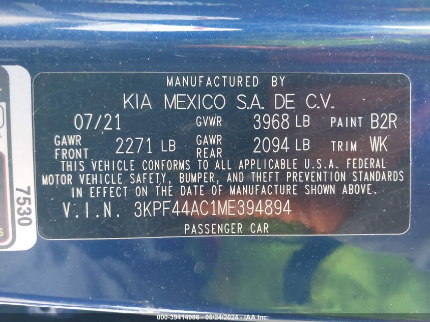 2021 Kia Forte Gt VIN: 3KPF44AC1ME394894 Lot: 39414086