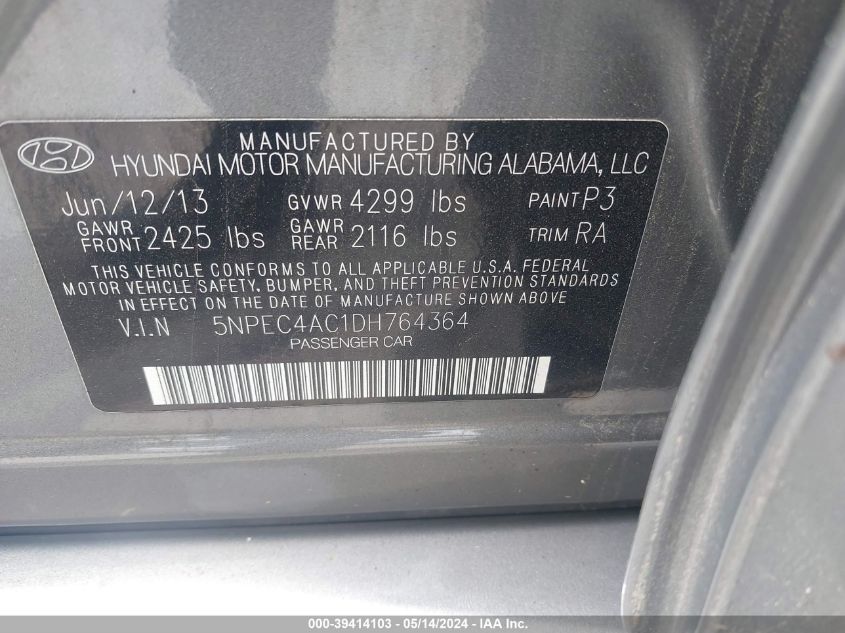 2013 Hyundai Sonata Se VIN: 5NPEC4AC1DH764364 Lot: 39414103
