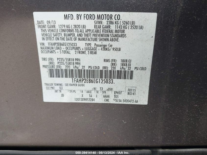 2014 Ford Taurus Sel VIN: 1FAHP2E86EG125033 Lot: 39414140