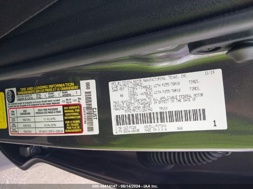 2020 Toyota Tundra Sr5 VIN: 5TFEY5F17LX261942 Lot: 39414147