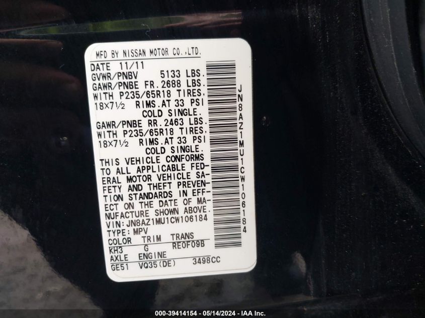 2012 Nissan Murano Sv VIN: JN8AZ1MU1CW106184 Lot: 39414154