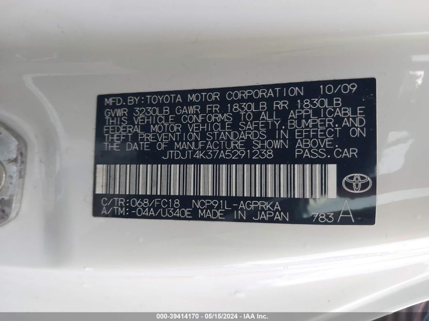 2010 Toyota Yaris VIN: JTDJT4K37A5291238 Lot: 39414170