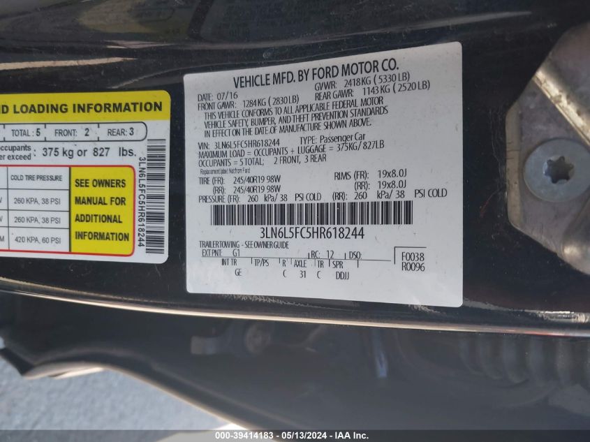 2017 Lincoln Mkz Reserve VIN: 3LN6L5FC5HR618244 Lot: 39414183