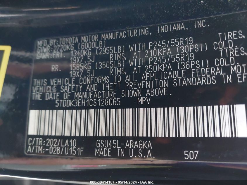 2012 Toyota Highlander Limited V6 VIN: 5TDDK3EH1CS128065 Lot: 39414187