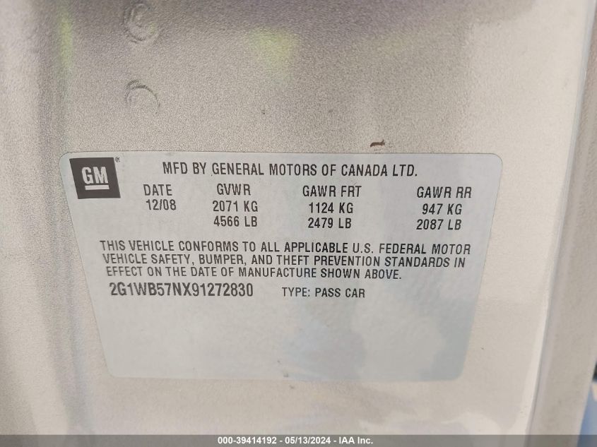 2009 Chevrolet Impala Ls VIN: 2G1WB57NX91272830 Lot: 39414192