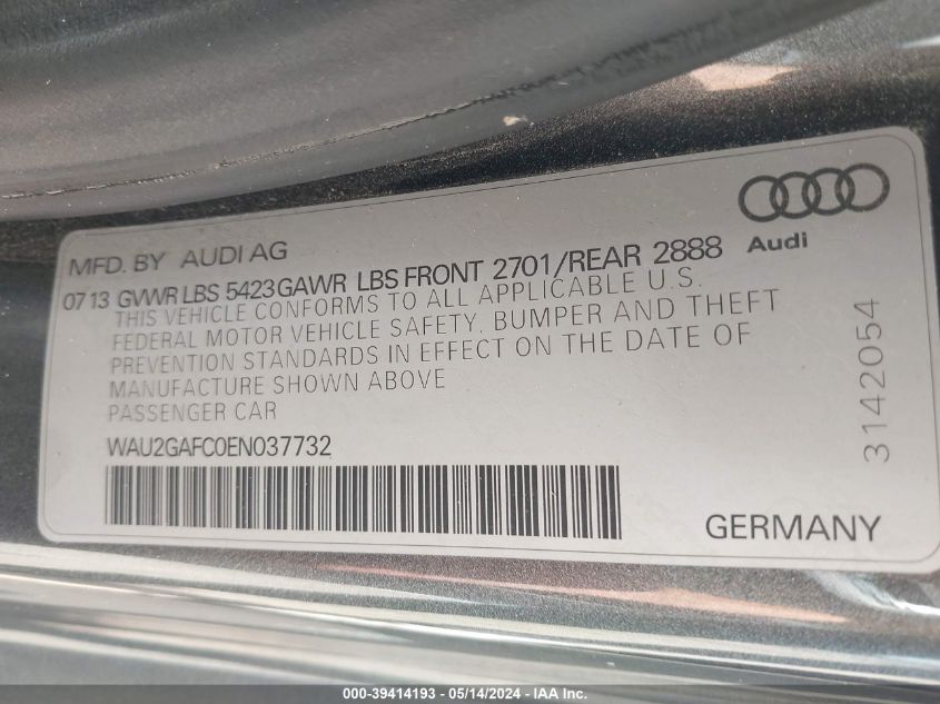 2014 Audi A7 3.0T Premium Plus VIN: WAU2GAFC0EN037732 Lot: 39414193