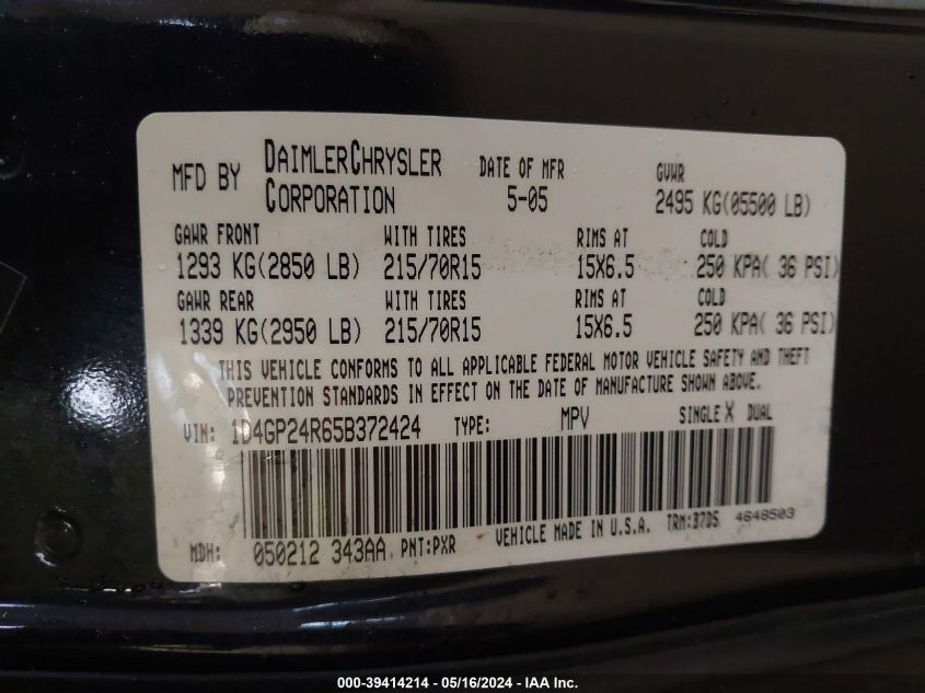 2005 Dodge Grand Caravan Se VIN: 1D4GP24R65B372424 Lot: 39414214