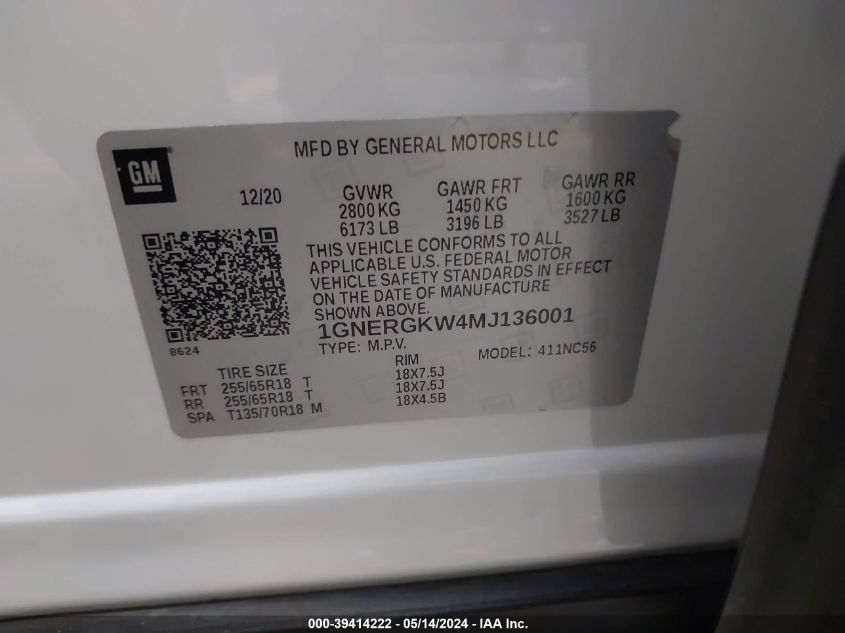 2021 Chevrolet Traverse Fwd Lt Cloth VIN: 1GNERGKW4MJ136001 Lot: 39414222