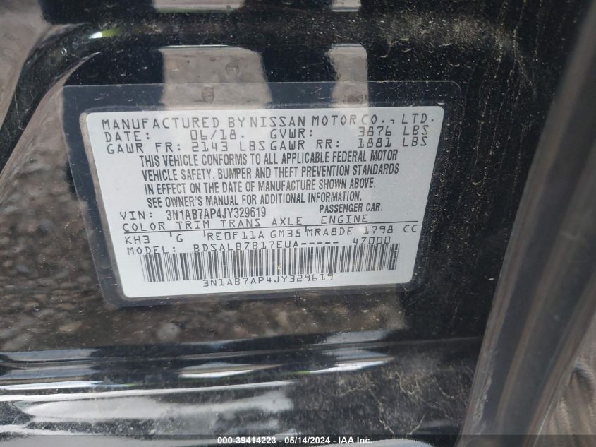 2018 Nissan Sentra S VIN: 3N1AB7AP4JY329619 Lot: 39414223