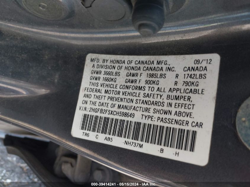 2012 Honda Civic Lx VIN: 2HGFB2F5XCH598649 Lot: 39414241