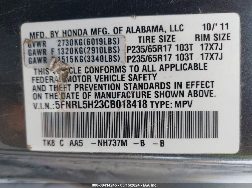 2012 Honda Odyssey Lx VIN: 5FNRL5H23CB018418 Lot: 39414245