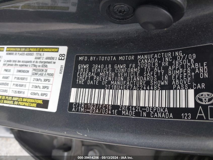 2010 Toyota Corolla Le VIN: 2T1BU4EE7AC244485 Lot: 39414256