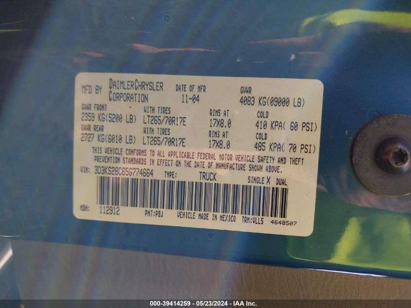 2005 Dodge Ram 2500 Slt/Laramie VIN: 3D3KS28C65G774664 Lot: 39414259