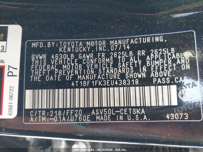 2014 Toyota Camry Se VIN: 4T1BF1FK3EU438318 Lot: 39414262