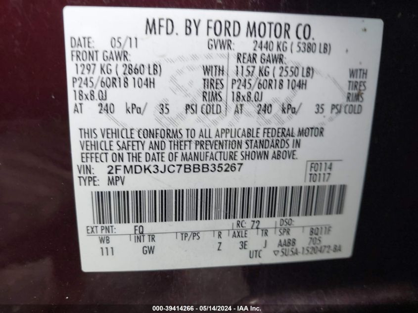 2011 Ford Edge Sel VIN: 2FMDK3JC7BBB35267 Lot: 39414266