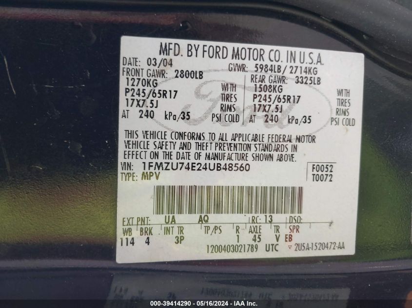 2004 Ford Explorer Eddie Bauer VIN: 1FMZU74E24UB48560 Lot: 39414290