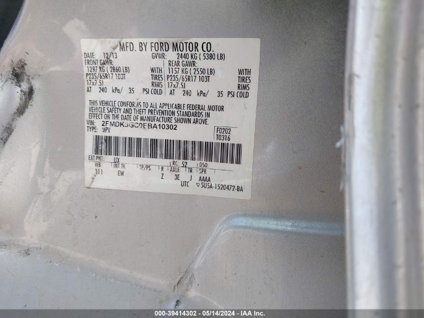 2014 Ford Edge Se VIN: 2FMDK3GC0EBA10302 Lot: 39414302